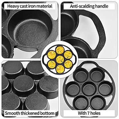 SUNSHNO Cast Iron Biscuit Pan Mini Cake Pan with Handles, Pre-Seasoned Baking Set 7 Cake Baking Tray Maker Pan for Biscuits, Bake Muffins, Cornbread and Scones, Include special steel fork and brush - CookCave