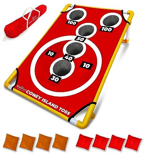 SWOOC Games - Coney Island Toss - Boardwalk Inspired Cornhole Bounce Game with Carrying Case (15+ Games Included) - PVC Corn Hole Bean Bag Toss Game for Kids and Adults - Corn Holes Outdoor Game Set - CookCave