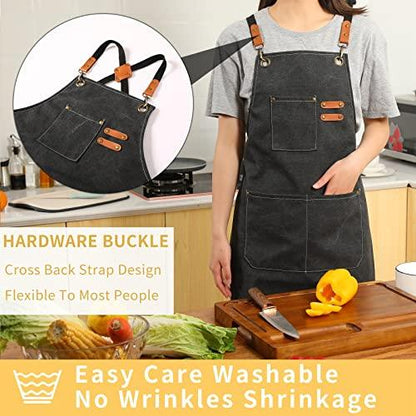 Tosewever Canvas Cross Back Chef Apron for Men Women with Adjustable Straps Large Pockets, Waterdrop Kitchen Heavy Duty Cotton Aprons for Tool Cooking BBQ Artist, M to XXL (Black) - CookCave