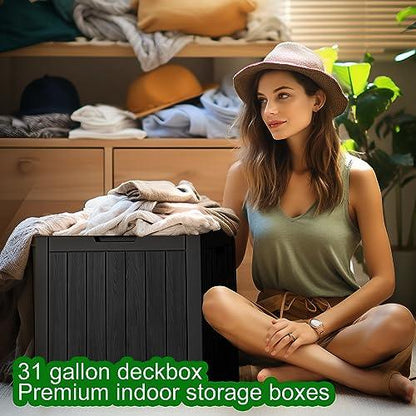 KFY Deck box,30 gallon indoor and outdoor storage box, Waterproof and sun-resistant resin material box, suitable for swimming pools, outdoor patios, bedrooms, garages (black - CookCave