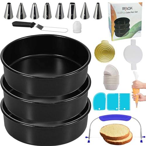 RFAQK 133PCs Round Cake Pans Sets for Baking + Cake Decorating Supplies - 3 Non-Stick 8 Inch Cake Pan with Baking Supplies, Piping Tips, Cake Leveler, Icing Spatula and 35 Parchment Papers with eBook - CookCave