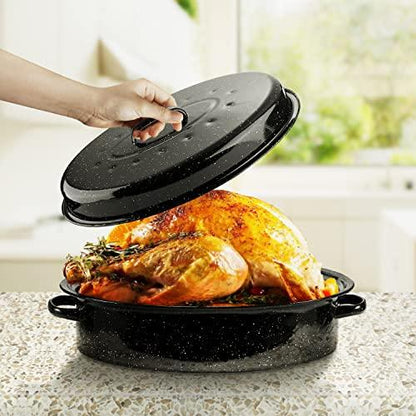 DIMESHY 18Inch Roasting Pan, Enamel on Steel, Black Covered Oval Roaster Pan with Lid, Large Cookware for Turkey, Small Chicken, Roast Baking Pan. - CookCave