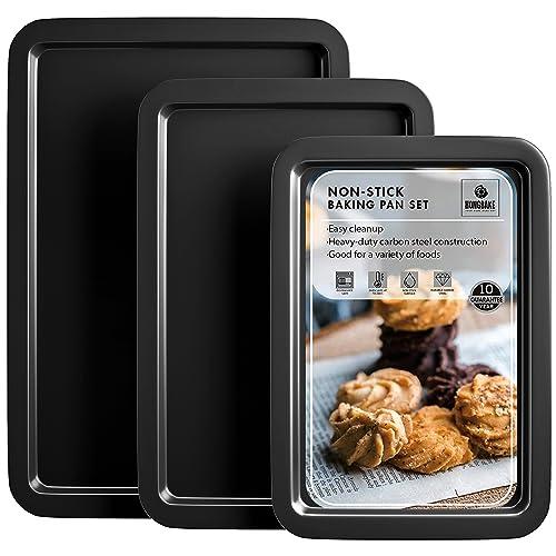 HONGBAKE Baking Sheet Pan Set, Cookie Sheet for Oven, Nonstick Bakeware Sets with Wider Grips, 3 Pack Half/Jelly Roll/Quarter Baking Tray, Premium, Dishwasher Safe - Dark Grey - CookCave