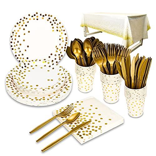 176 Pieces Gold Disposable Party Dinnerware Set &Golden Dot Disposable Party Dinnerware - Black Paper Plates Napkins Cups, Gold Plastic Forks Knives Spoons - CookCave