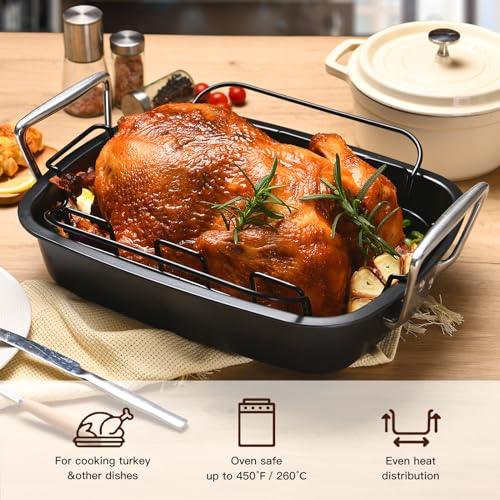 HONGBAKE Nonstick Turkey Roasting Pan with Rack, 17 x 13 Inch Large Chicken Roaster Pan for Oven, Suitable for 25lb Turkey, Heavy Duty, Dark Grey - CookCave