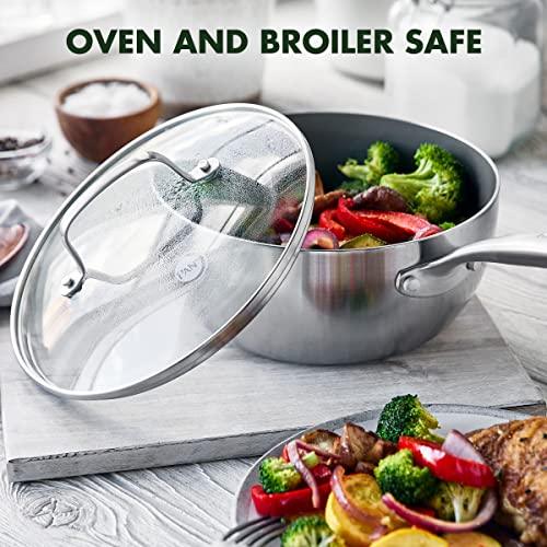 GreenPan Chatham Tri-Ply Stainless Steel Healthy Ceramic Nonstick Induction Suitable, Saucepan with Lid, 2.5QT, Silver - CookCave