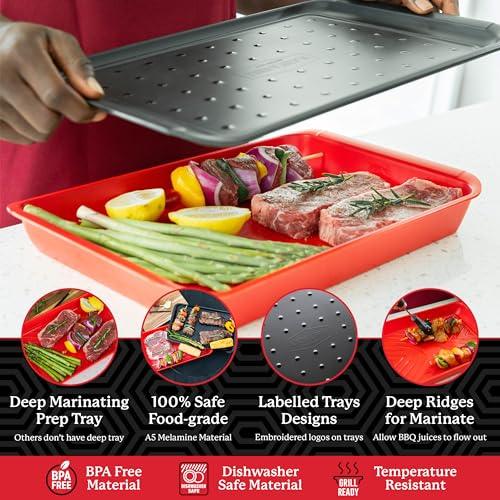 Blazin' Grill Prep & Serving Trays | Set of 2 Stackable, Melamine Trays | Serving Tray & Marinating Tray | Serving Platter for Plating Food & BBQ Prep Tub for Marinating Meats | Grill Accessories | - CookCave