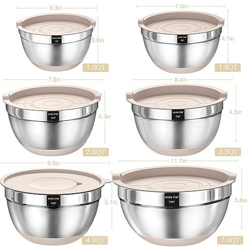 Mixing Bowls with Airtight Lids Set, 26PCS Stainless Steel Khaki Bowls with Grater Attachments, Non-Slip Bottoms & Kitchen Gadgets Set, Size 7, 4, 2.5, 2.0,1.5, 1QT, Great for Mixing & Serving - CookCave