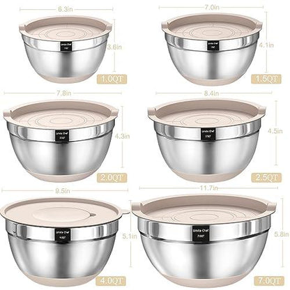 Mixing Bowls with Airtight Lids Set, 26PCS Stainless Steel Khaki Bowls with Grater Attachments, Non-Slip Bottoms & Kitchen Gadgets Set, Size 7, 4, 2.5, 2.0,1.5, 1QT, Great for Mixing & Serving - CookCave