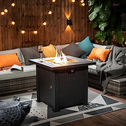 SENJOYS 28'' Propane Fire Pit Table, 50,000 BTU Steel Gas FirePit for Outdoor, Fire Table with Lid and Lava Rock, Add Warmth & Ambience to Gatherings and Parties On Patio Deck Garden Backyard, Black. - CookCave