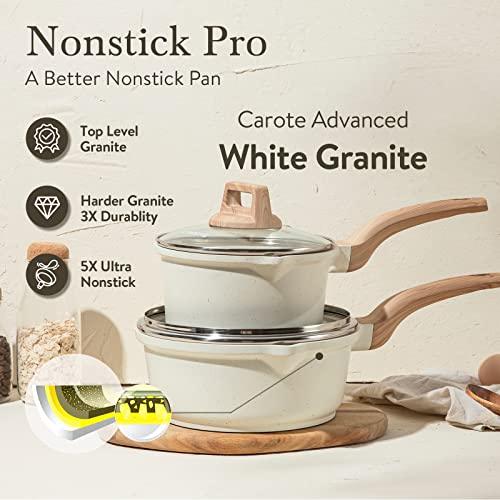 CAROTE 1.5Qt & 2.5Qt Sauce Pan Set with Lid Nonstick Saucepan 4 Pcs Non Stick Sauce Pots Cooking Pot with Pour Spout, Easy to Clean, Small Kitchen Pots Induction Pot, PFOA FREE (White Granite) - CookCave