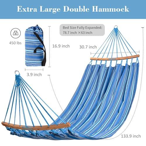 SUNCREAT Hammocks Double Hammock with Curved Spreader Bar, Outdoor Portable Hammock with Carrying Bag & Tree Straps for Bedroom, Patio, Backyard, Balcony, Max 450lbs Capacity, Blue - CookCave