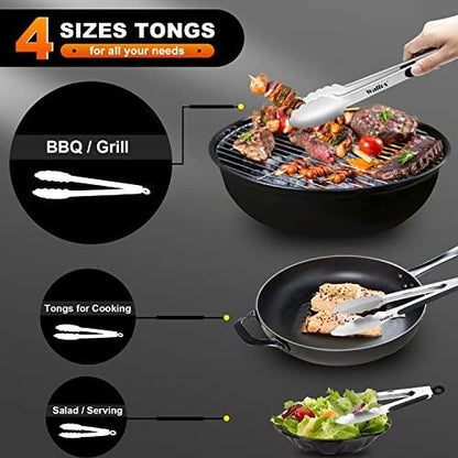 Walfos Stainless Steel Kitchen Tongs for Cooking, BBQ - 7 ，9, 12 and 14 Inch,Set of 4 Heavy Duty Locking Metal Food Tongs Non-Slip Grip - CookCave