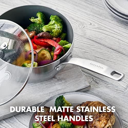 GreenPan Chatham Tri-Ply Stainless Steel Healthy Ceramic Nonstick Induction Suitable, Saucepan with Lid, 2.5QT, Silver - CookCave