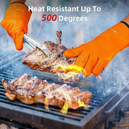 KEEMAKE Silicone Oven Mitts, Heat Resistant Gloves for Grilling Outside Silicone&Cotton Lining Double Protection Oven Gloves with Fingers, Waterproof, Heat & Cold Resistant BBQ Grilling Gloves-Orange - CookCave