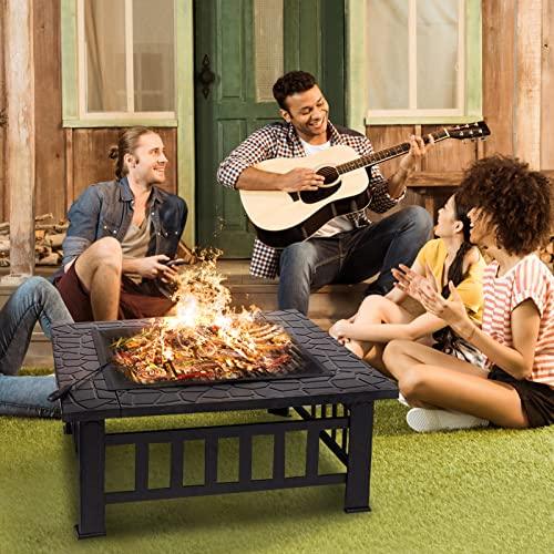 SINGLYFIRE 32 Inch Fire Pit Table for Outside Square Metal Firepit Outdoor Wood Burning Large Steel Bonfire Pit for Patio Backyard Garden with Waterproof Cover,Spark Screen,Log Grate,Poker - CookCave