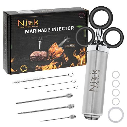 Njek Stainless Steel Meat Injector Kit, 2-oz Large Capacity with 3 Professional Needles, Marinade and Seasoning Injector Syringe for Beef, Steak, Turkey, Brisket, Sturdy and Heavy-duty for BBQ Grill - CookCave