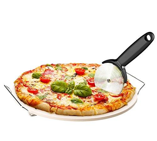 Chef's Star 15 Inch Ceramic Pizza Stone for Oven, Outdoor and Indoor Chrome Plated Serving Rack Pizza Pan with Pizza Cutter - CookCave