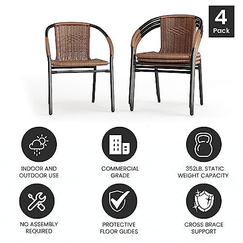 Flash Furniture Lila 4 Pack Medium Brown Rattan Indoor-Outdoor Restaurant Stack Chair | Versatile and Stylish Seating - CookCave