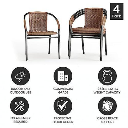 Flash Furniture Lila 4 Pack Medium Brown Rattan Indoor-Outdoor Restaurant Stack Chair | Versatile and Stylish Seating - CookCave