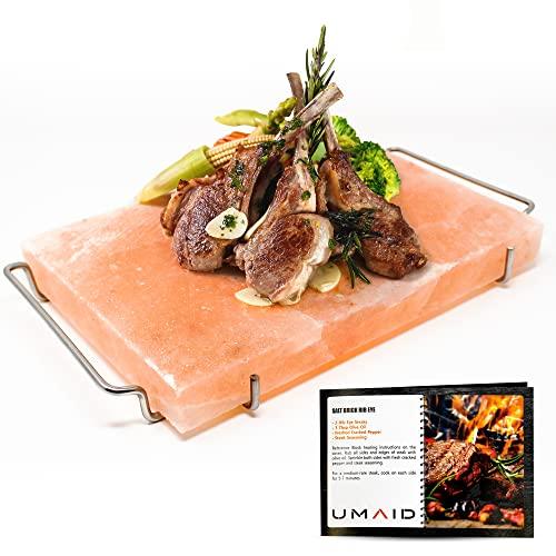 UMAID Himalayan Salt Block For Grilling, Cooking, Cutting and Serving,12X8X1.5 Food Grade Himalayan Pink Salt Stone on Stainless Steel Plate & Recipe Pamphlet, Unique Gifts for Men, Women, Chef, Cooks - CookCave