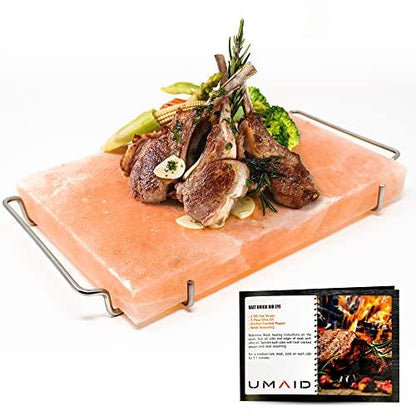 UMAID Himalayan Salt Block For Grilling, Cooking, Cutting and Serving,12X8X1.5 Food Grade Himalayan Pink Salt Stone on Stainless Steel Plate & Recipe Pamphlet, Unique Gifts for Men, Women, Chef, Cooks - CookCave