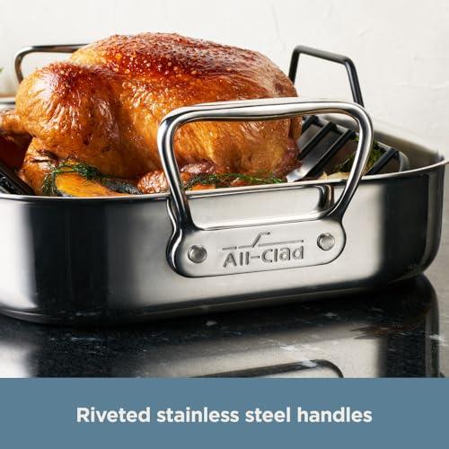 All-Clad Specialty Stainless Steel Roaster and Nonstick Rack 16x13x5 Inch Oven Broiler Safe 600F Roaster Pan, Pots and Pans, Bakeware, Turkey, Silver - CookCave