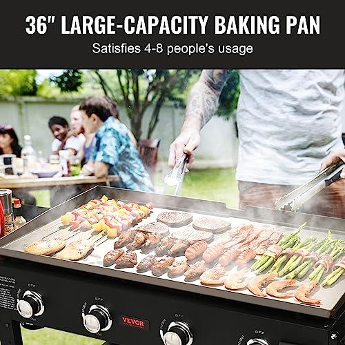 VEVOR Commercial Griddle on Cart, 36" Heavy Duty Manual Flat Top Griddle, Outdoor Cooking Station with Side Shelves, Steel Natural Gas Griddle, 4-Burners Restaurant Portable Grill - 60,000 BTU - CookCave