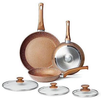 Frying Pan Set with Lids - Nonstick Frying Pan Set 3 Pcs, Non Stick Granite Cookware Set, Induction Skillet Set Egg Omelette Frying Pan W/Lid, Healthy No Toxic Cookware, Pan Set for Cooking, PFOA Free - CookCave