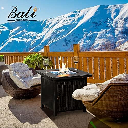 BALI OUTDOORS 28 Inch Propane Fire Pit Table, Rattan & Wicker-Look 50,000 BTU Gas Firepits with Blue Fire Glass for Outside Patio and Garden - CookCave