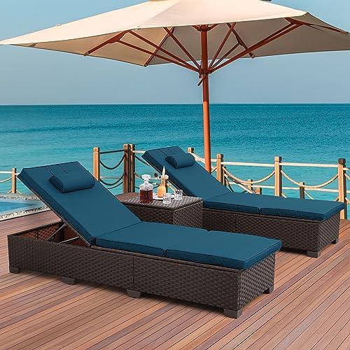 Outdoor PE Wicker Chaise Lounge Set, Patio Lounge Chairs, Outside Poolside Lounger Furniture Set of 3, Brown Rattan Recliners with Adjustable Backrest, Peacock Blue Cushions, and Storage Table - CookCave