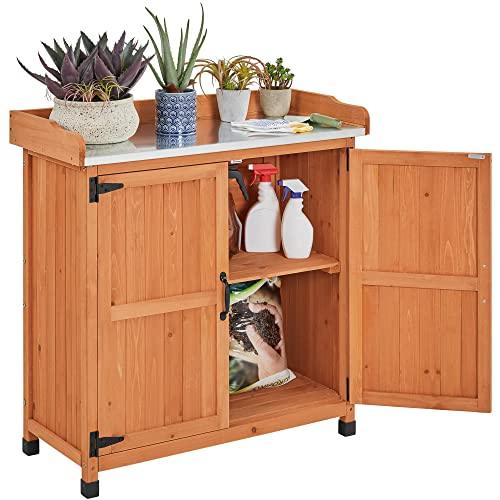 Yaheetech Garden Potting Bench Table - Outdoor Garden Patio Wooden Storage Cabinet & Solid Wood Planting Work Bench with Large Space Storage & Metal-Plated Tabletop, Brown - CookCave