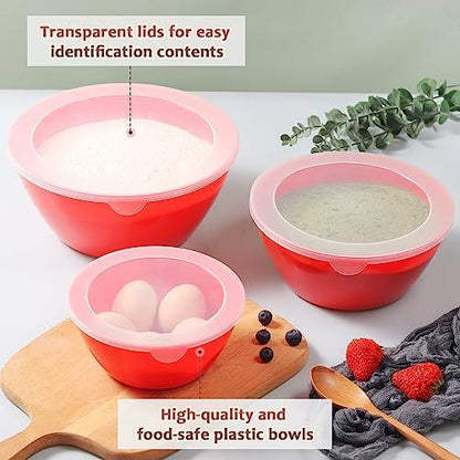 Wehome Mixing Bowls with Lids Set，Plastic Mixing Bowls for Kitchen Preparing，Serving and Storing，Set of 3-Includes 3 Bowls and 3 Lids，BPA-FREE Neat Nesting Bowls with Sealing Lids (Red) - CookCave