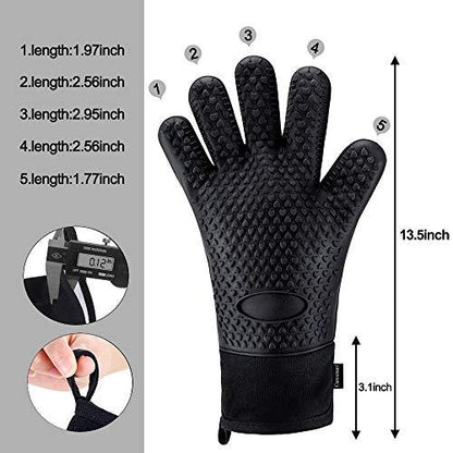 Comsmart BBQ Gloves, Heat Resistant Silicone Grilling Gloves, Long Waterproof BBQ Kitchen Oven Mitts with Inner Cotton Layer for Barbecue, Cooking, Baking, Smoker(Black) - CookCave