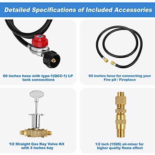 Skyflame LP Burner Connection Kit, Propane Fire Pit Replacement Parts with 1/2" Control Valve Key Set, 0~30PSI Adjustable Gas Pressure Regulator Hose, 60" Connect Hose, 150K Brass Air-Mixer - CookCave