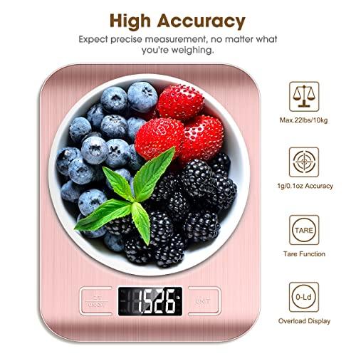 Mik-Nana Food Scale Pink, 10kg/22lb Digital Kitchen Scale Weight Grams and Oz for Baking and Cooking, 1g/0.1oz Precise Graduation, Easy Clean Stainless Steel - CookCave