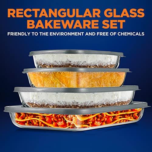 NutriChef 4 Sets Glass Bakeware - High Borosilicate Rectangular Glass Baking Dish w/Gray BPA-Free PE Lids, Freezer-to-Oven Home Kitchen Bake Casserole Food Storage Stackable Tray Pan, Dishwasher Safe - CookCave