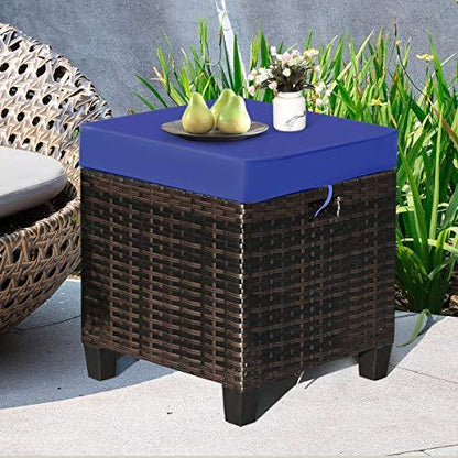 Tangkula 2 Pieces Outdoor Patio Ottoman, All Weather Rattan Wicker Ottoman Seat, Patio Rattan Furniture, Outdoor Footstool Footrest Seat w/Removable Cushions (Navy Blue) - CookCave