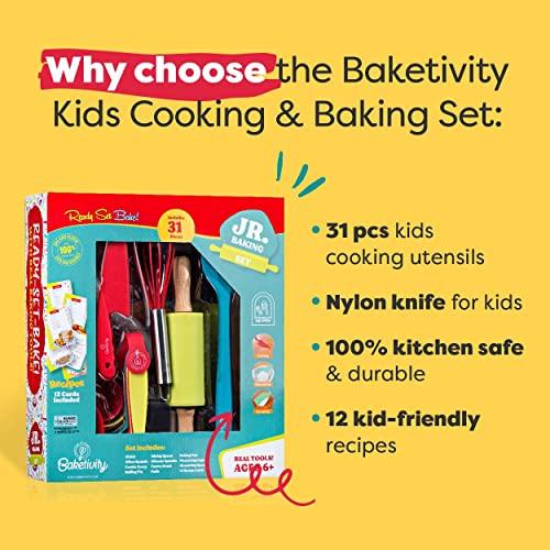 Baketivity 31 Pcs Kids Cooking & Baking Set with Kids Knife & Real Cooking Utensils - Kid Safe Knife & Cooking Tools - Kids Baking Set Gift for Girls & Boys Including Nylon Knife for Kids - CookCave