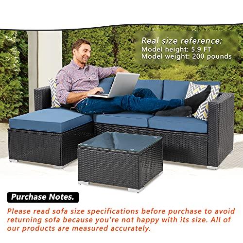 Shintenchi Patio Furniture Sets 3 Pieces Outdoor Sectional Sofa Black All-Weather Rattan Wicker Sofa Small Patio Conversation Couch with Washable Cushion and Glass Table(Aegean Blue) - CookCave