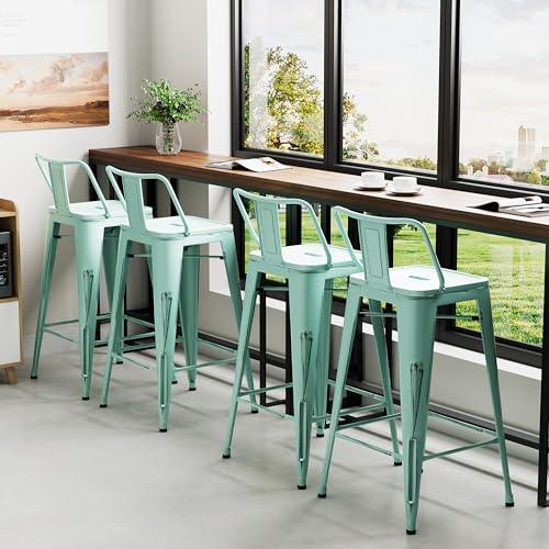 Alunaune 24" Metal Bar Stools Set of 4 Industrial Counter Height Stools Kitchen Bar Chairs Indoor Outdoor Counter Stool-Low Back, Distressed Blue - CookCave