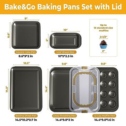 LINKLIFE Baking Set Nonstick 6-Piece Baking Pans Set, Includes Muffin Pan with Lid, Cookie Sheets, Square Pan, Loaf Pan, Roast Pan, Carbon Steel Oven Kitchen Bakeware Sets - CookCave
