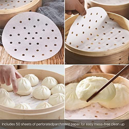 Flexzion Bamboo Steamer Basket Set (10 inch), 50 x Steamer Liners and 2 Pairs of Chopsticks, Steam Baskets for DimSum Dumplings, Rice, Vegetables, Fish and Meat - CookCave