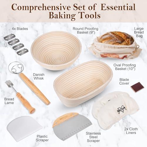 Banneton Bread Proofing Basket Set of 2 - Proofing Baskets 10" Oval and 9" Round Rattan Sourdough Bread Baking Supplies with Bread Lame, Dough Scrapers, Linen Liner, Dough Whisk & Bread Bag - CookCave