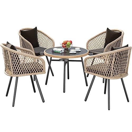 YITAHOME 5-Piece Outdoor Patio Furniture Dining Set, All-Weather Rattan Conversation Set with Soft Cushions and Glass Top Dining Table for Backyard Deck (Light Brown + Black) - CookCave