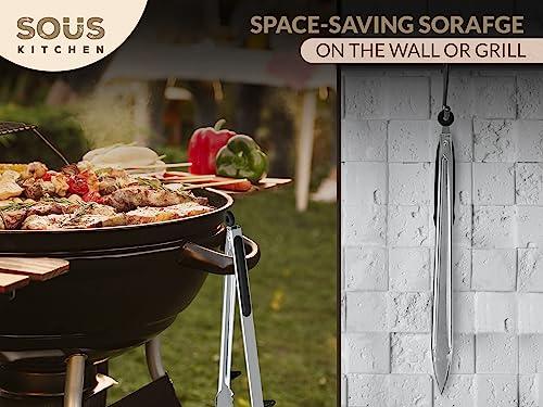 Sous Kitchen Stainless Steel Grill Tongs For Cooking - Kitchen Tongs Stainless Steel Extra Long - Cooking Tongs With Anti-Slip Handles - Rust Proof Grilling & BBQ Tongs - Heat Resistant Serving Tongs - CookCave