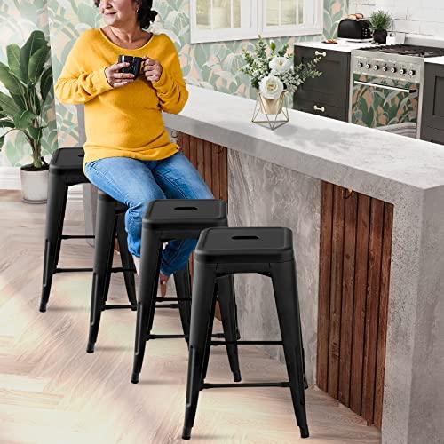COSTWAY Bar Stools Set of 4, 24” Stackable Metal Stools with Square Seat & Handing Hole, X-Shaped Reinforced Design, Backless Bar Chairs for Kitchen, Dining Room, Pub (Black, 24‘’) - CookCave