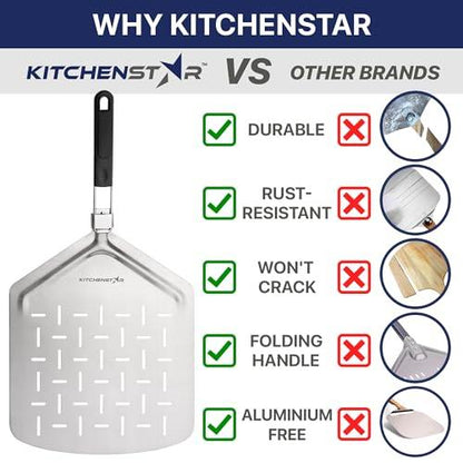 16" Pizza Making Kit by kitchenStar (Set of 2) - Pizza Cutter Rocker Knife with Blade Cover (16 inch) + Stainless Steel Pizza Peel with Folding Handle (13 inch) - Ultimate Pizza Oven Accessories - CookCave