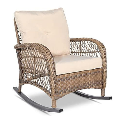 VIVIJASON Outdoor Wicker Rocking Chair, Patio Rattan Rocker Chair with Cushions & Steel Frame, All-Weather Rocking Lawn Wicker Furniture for Garden Backyard Porch (Beige) - CookCave