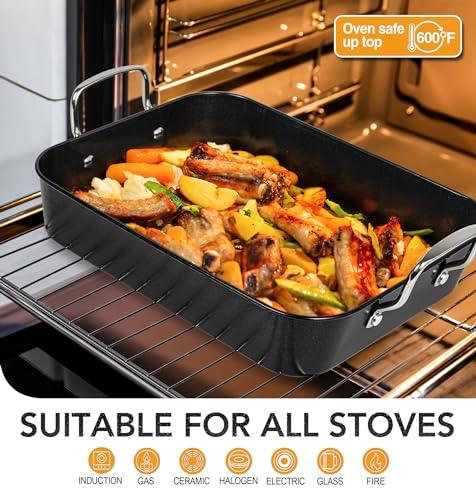 MICHELANGELO Roasting Pan with Rack, Carbon Steel Turkey Roasting Pan for Oven and Induction, Nonstick Turkey Roaster Pan with Stainless Steel Rack, 15 Inch x 11 Inch - CookCave